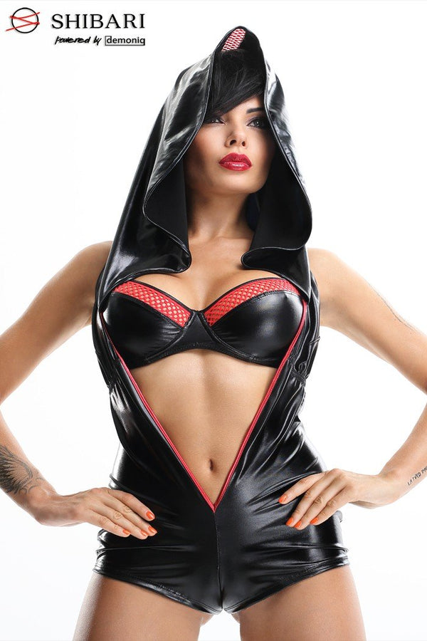 schwarzer Kapuzenbody Hoshi von Demoniq Shibari Collection