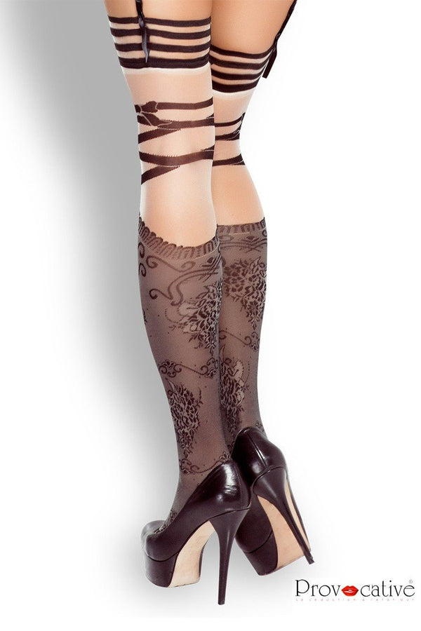 schwarz-beige Straps-Strümpfe PR0033 von Provocative